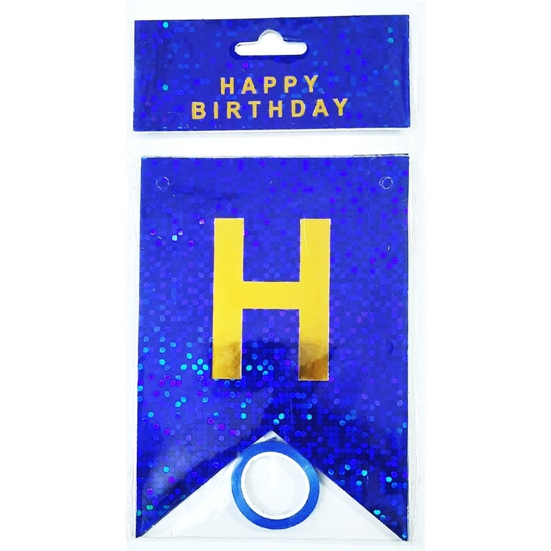 Premium Blue Holographic Happy Birthday Banner – Gold Letter Pennant Style