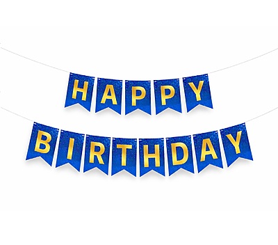 Premium Blue Holographic Happy Birthday Banner – Gold Letter Pennant Style