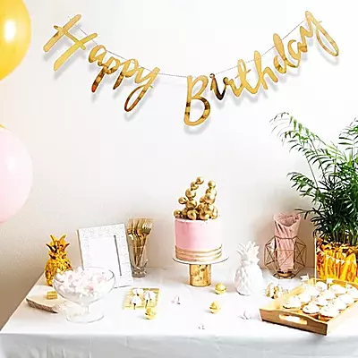 Happy Birthday Banner – Cursive Metallic Gold