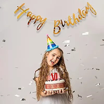 Happy Birthday Banner – Cursive Metallic Gold