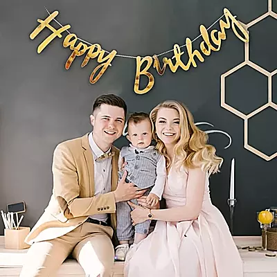 Happy Birthday Banner – Cursive Metallic Gold