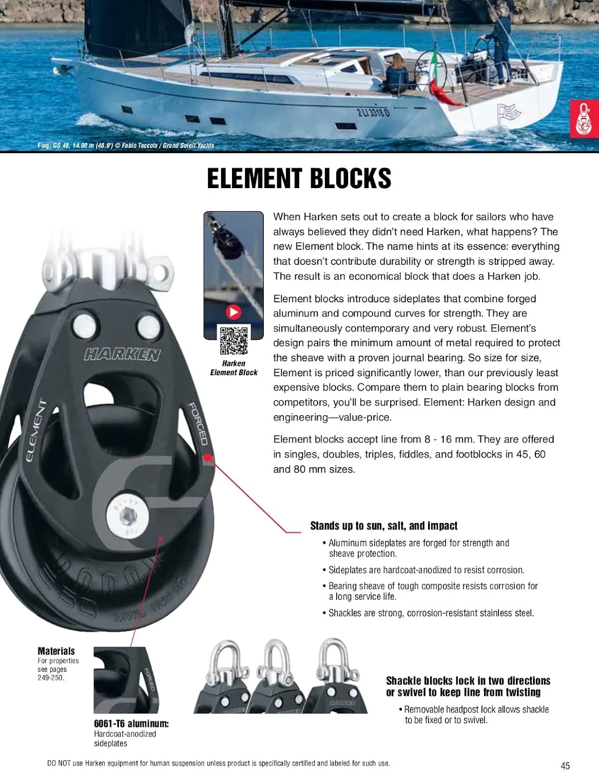 HARKEN Premium Sailing 45mm Single Element Swivel Boat Block w/Becket, Part 6231