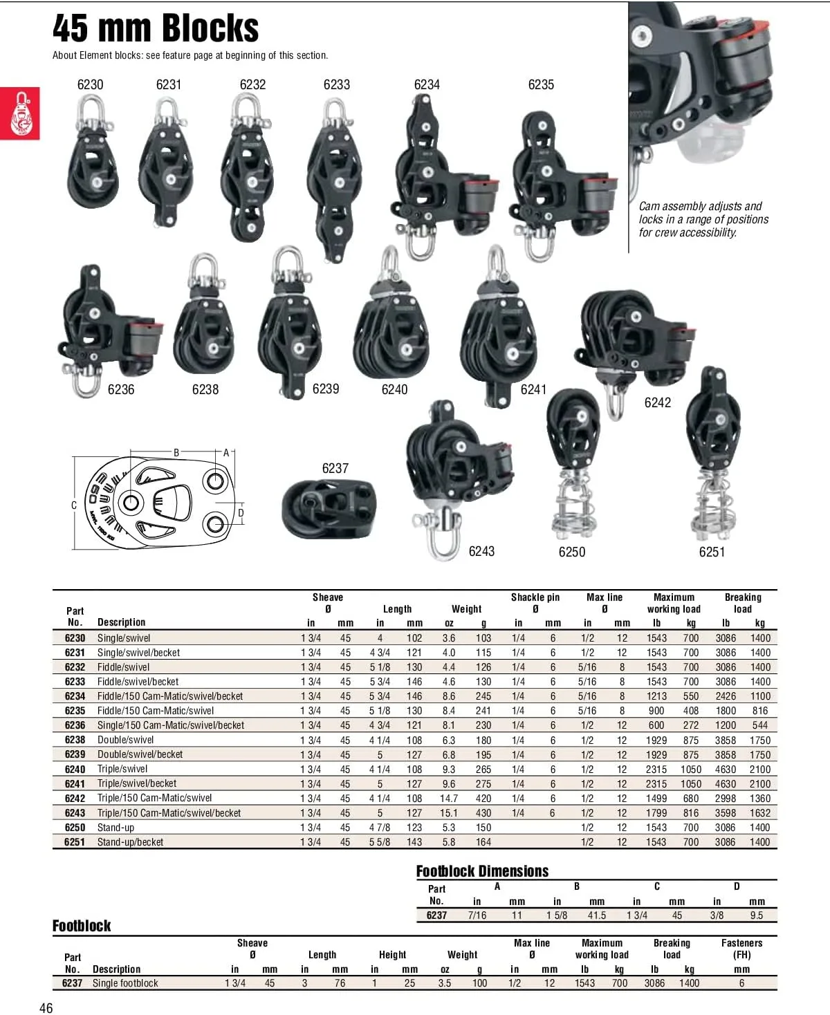HARKEN Premium Sailing 45mm Single Element Swivel Boat Block w/Becket, Part 6231