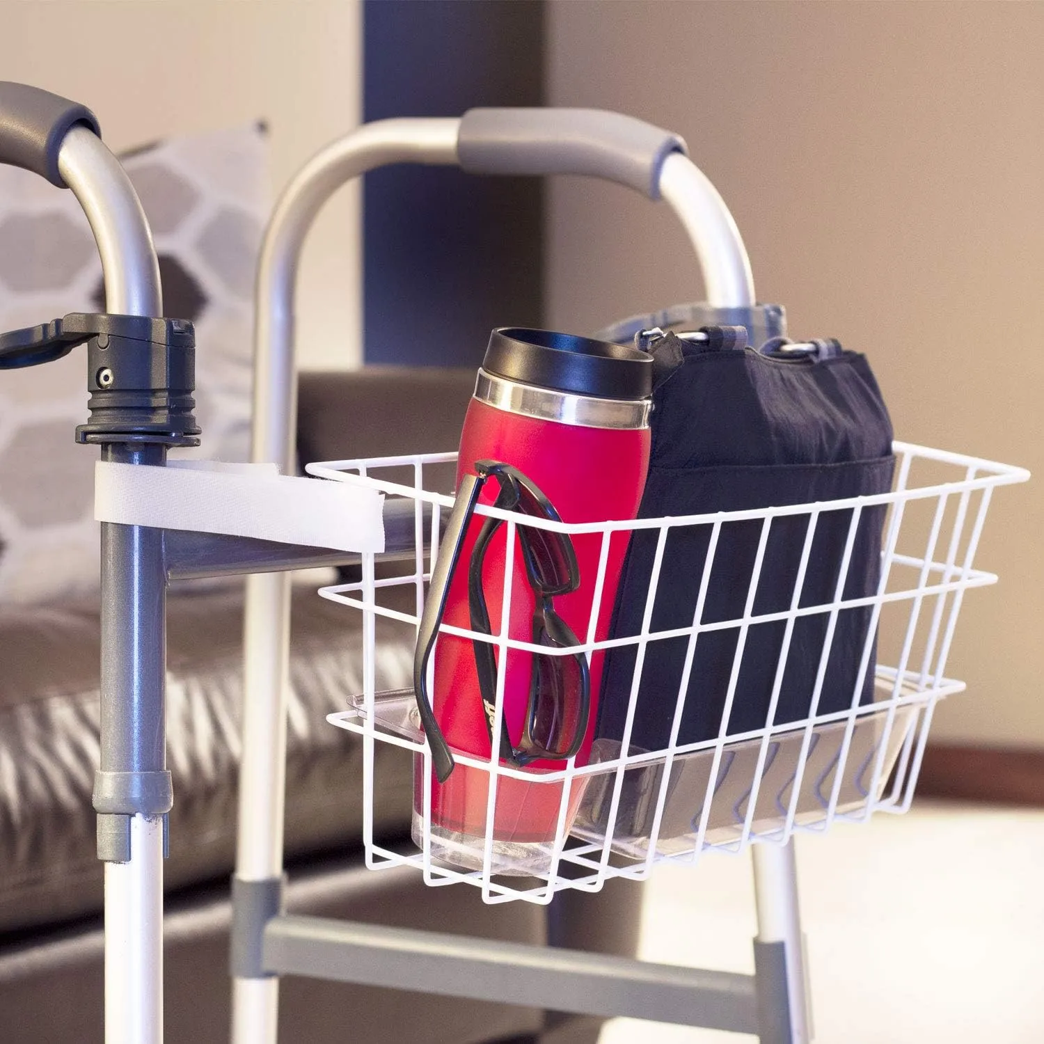 HealthSmart Durable Walker Accessories Basket For Walker | No Tools Needed | Secure Cup Holder & Tray | Walker Accessories