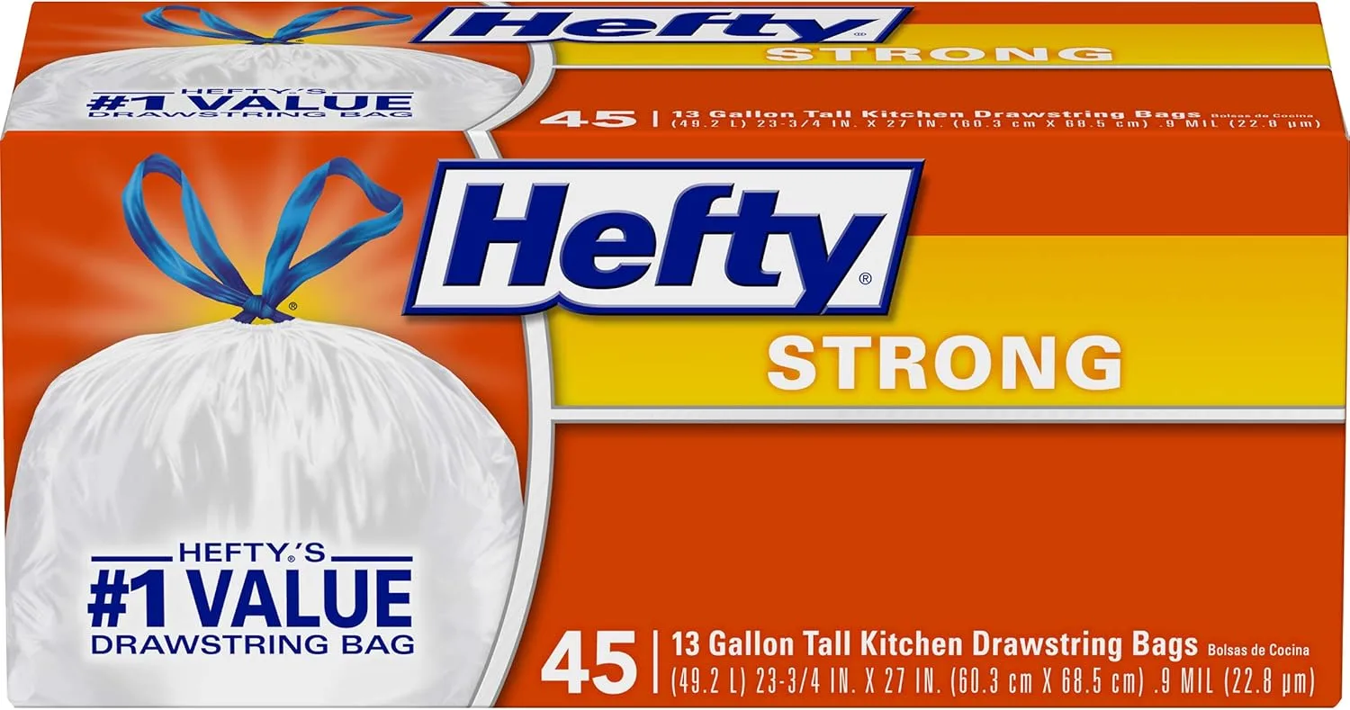 Hefty Strong Tall Kitchen Trash Bags, Unscented, 13 Gallon, 45 Count (Pack of 1)
