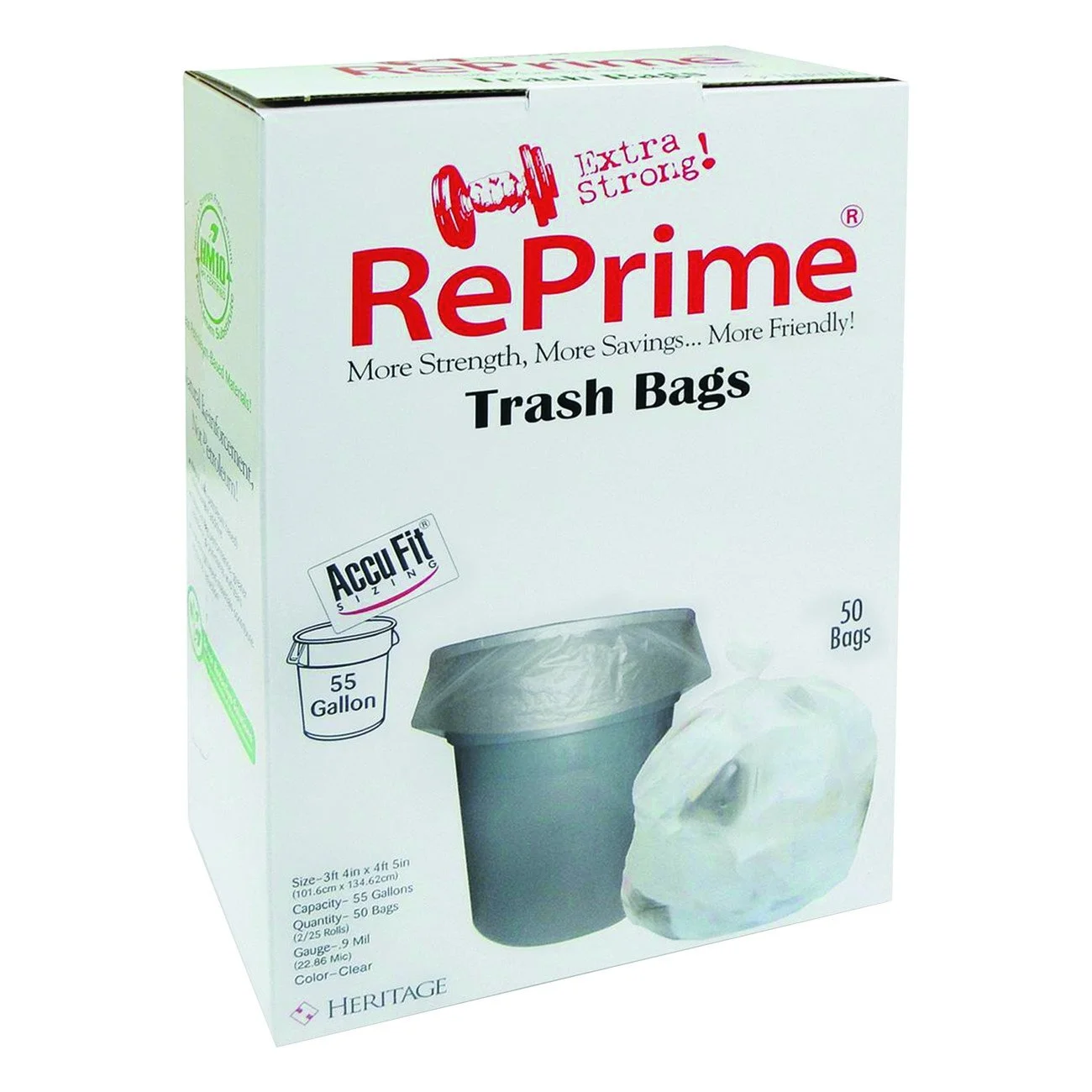 Heritage AccuFit RePrime Can Liners, 55 Gal, Clear, 150 Count