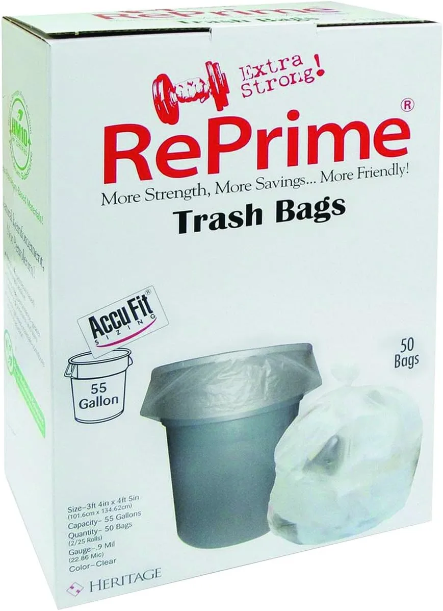 Heritage AccuFit RePrime Can Liners, 55 Gal, Clear, 150 Count