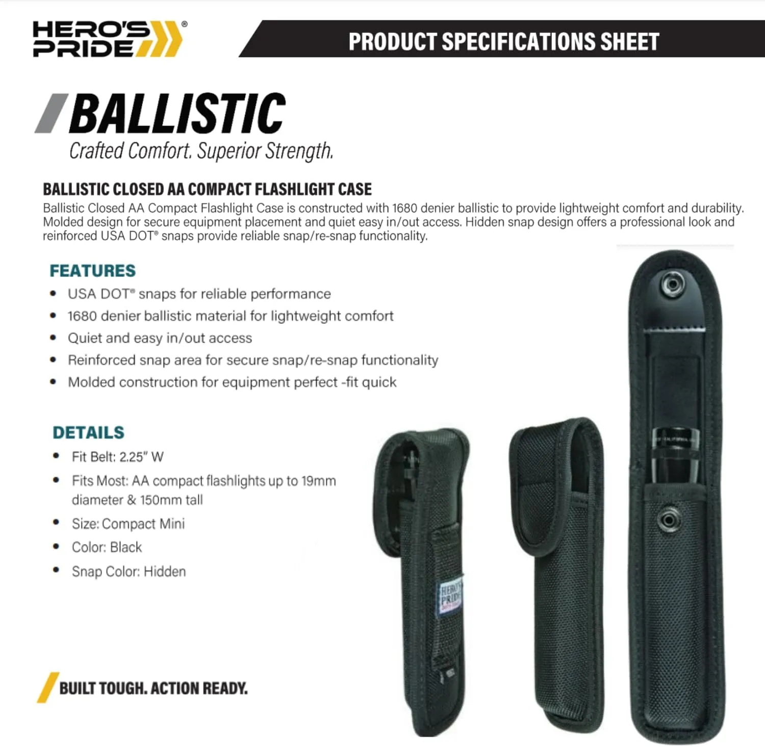 Hero's Pride Ballistic Closed AA Compact Flashlight Case - Lightweight Design - Hidden USA DOT Snaps