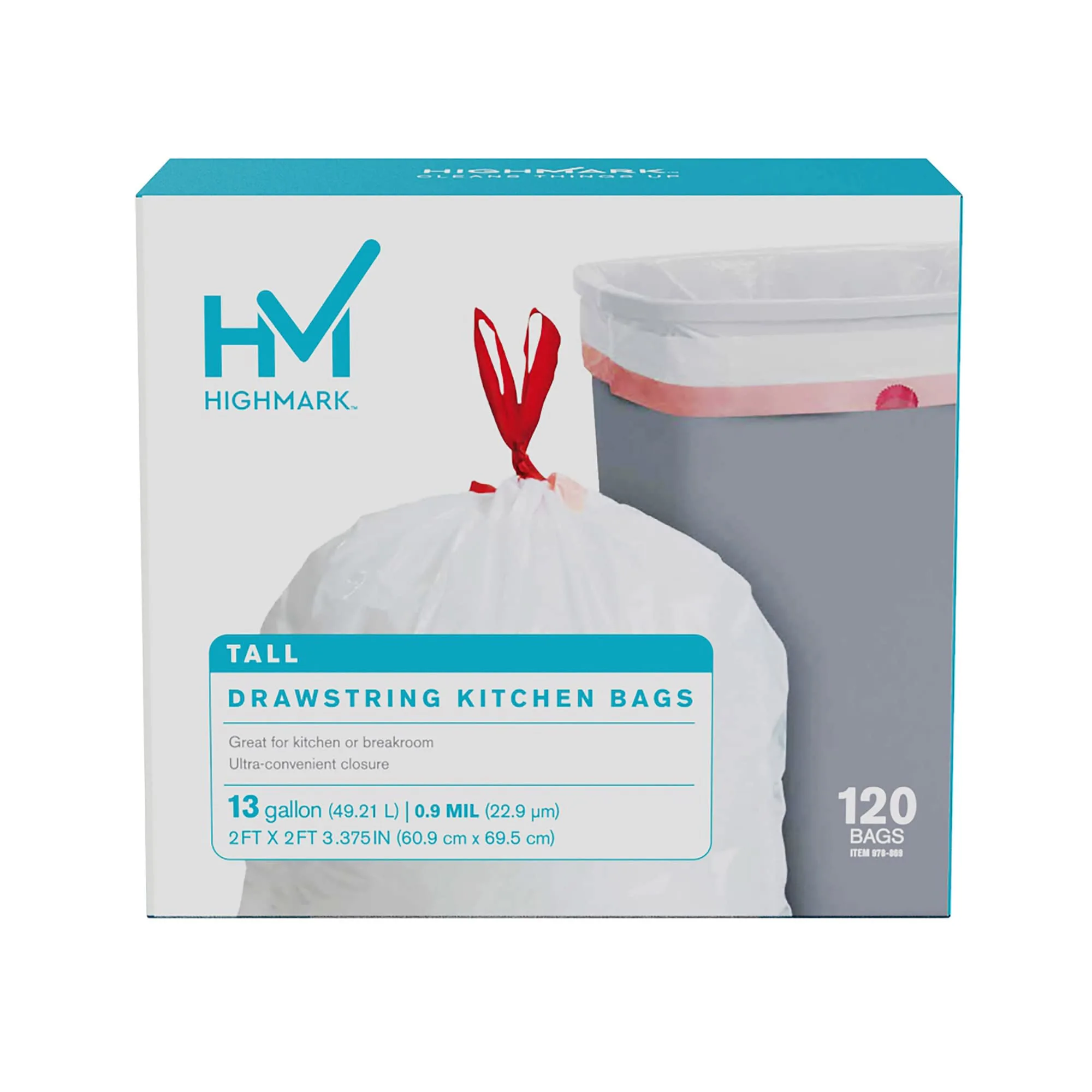 Highmark 0.9-mil Drawstring Trash Bags, 13 Gallon, White, Box of 120