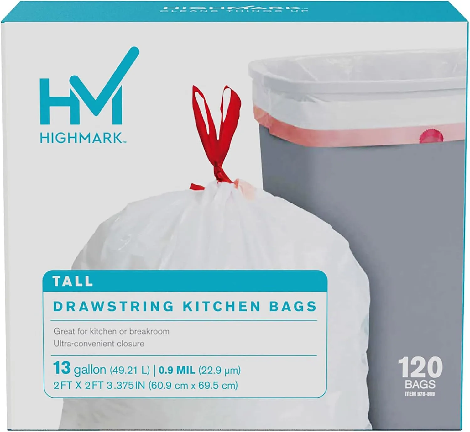 Highmark 0.9-mil Drawstring Trash Bags, 13 Gallon, White, Box of 120