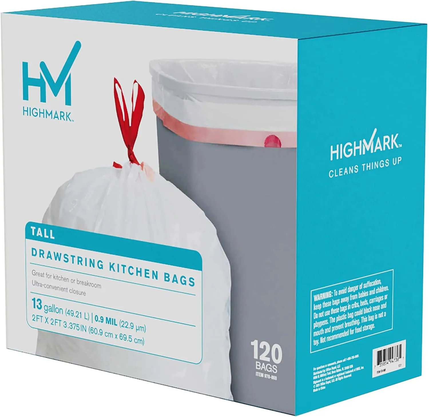 Highmark 0.9-mil Drawstring Trash Bags, 13 Gallon, White, Box of 120