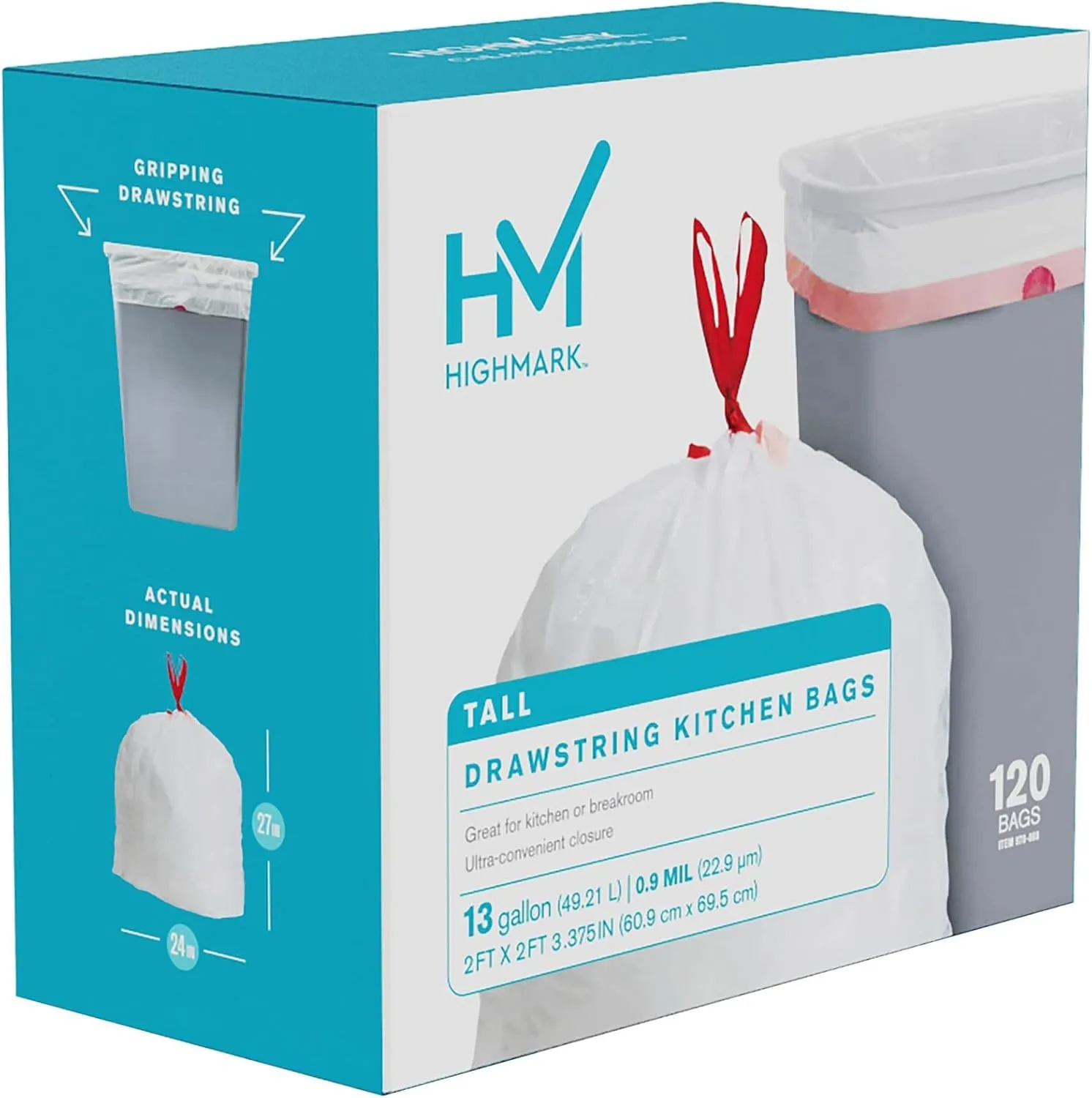 Highmark 0.9-mil Drawstring Trash Bags, 13 Gallon, White, Box of 120