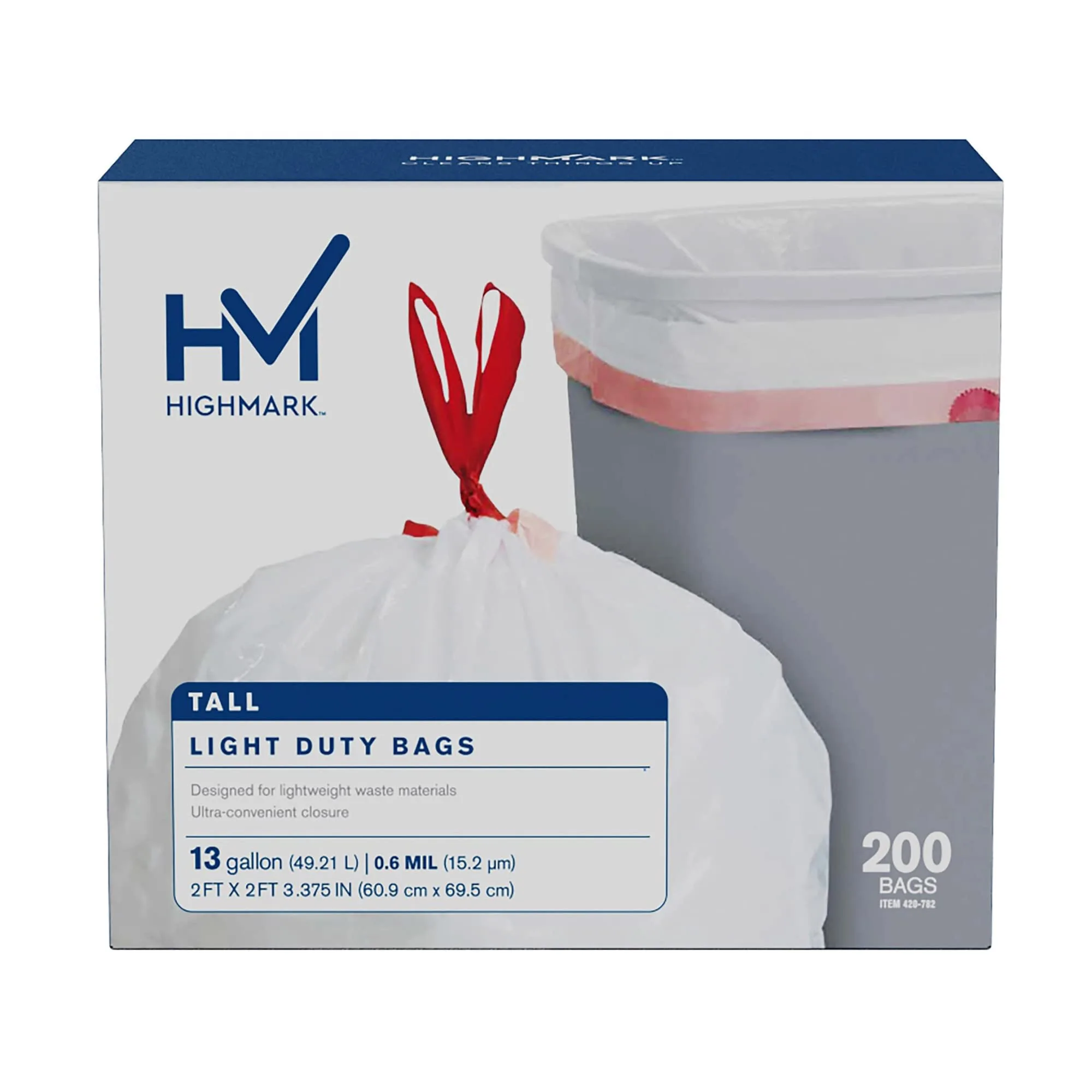 Highmark Tall 0.6 mil Drawstring Kitchen Trash Bags, 13 Gallon, 27.375in x 24in, White, Box Of 200