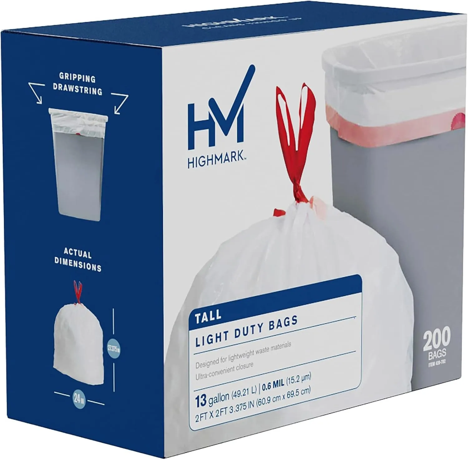 Highmark Tall 0.6 mil Drawstring Kitchen Trash Bags, 13 Gallon, 27.375in x 24in, White, Box Of 200