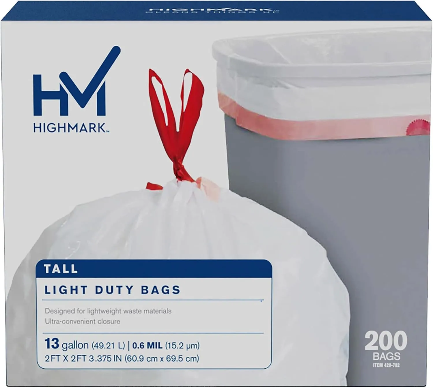 Highmark Tall 0.6 mil Drawstring Kitchen Trash Bags, 13 Gallon, 27.375in x 24in, White, Box Of 200