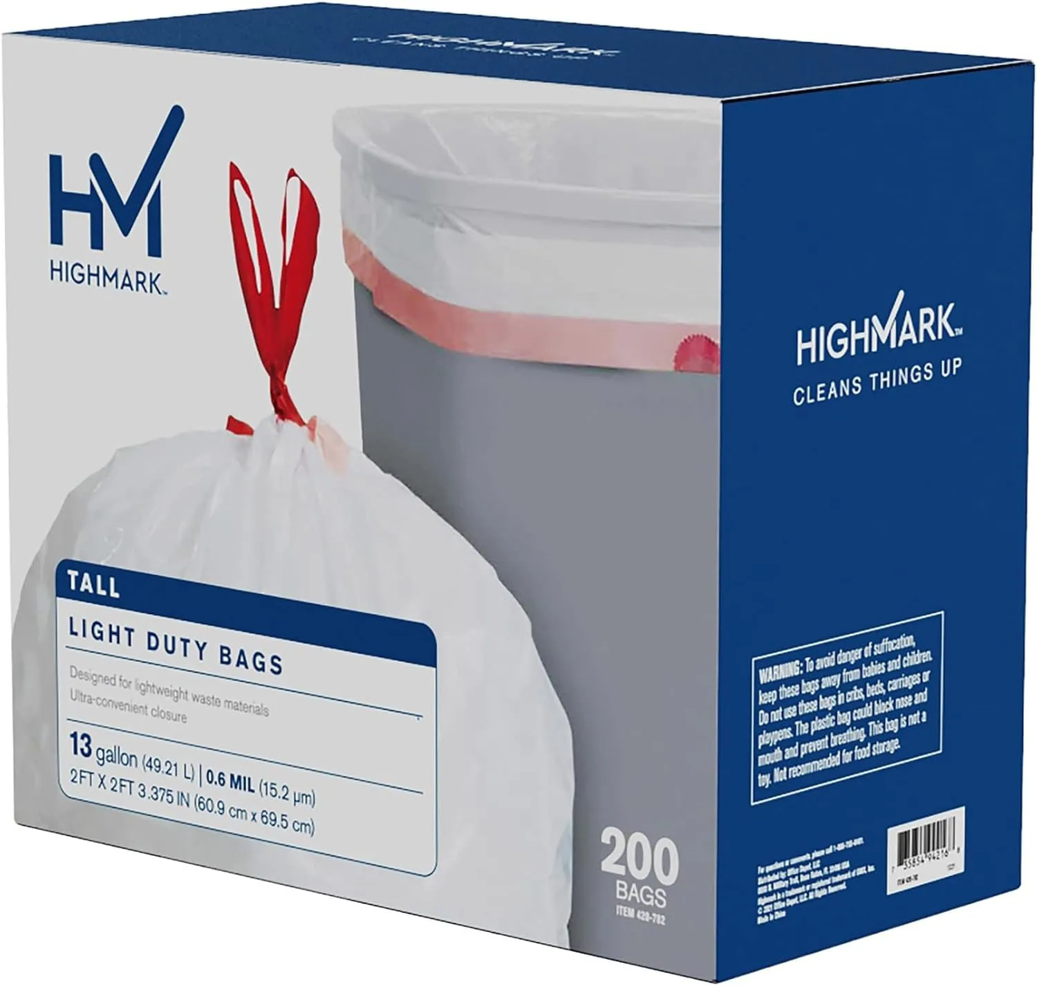 Highmark Tall 0.6 mil Drawstring Kitchen Trash Bags, 13 Gallon, 27.375in x 24in, White, Box Of 200