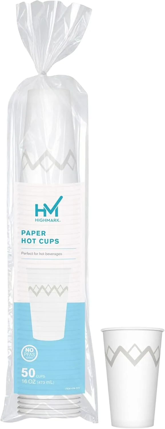 Highmark Paper Hot Cups, 16 Oz, Printed White, Pack Of 50