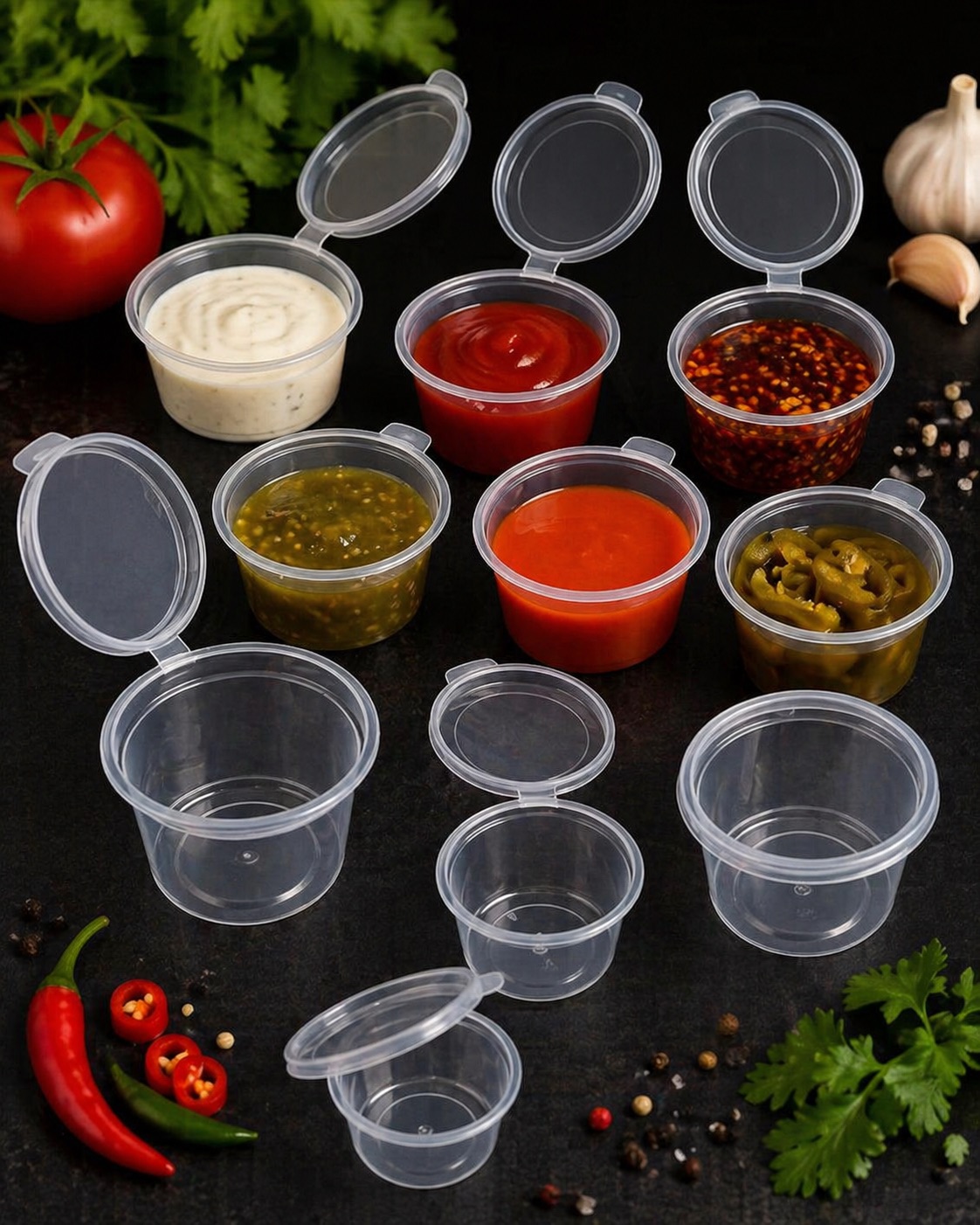 PLASTIC HINGED SAUCE / KETCHUP CUPS (30ML/60ML/120ML)