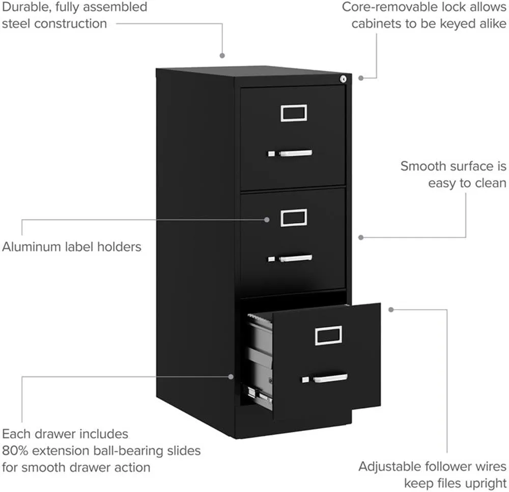 Hirsh 22-in Deep 3 Drawer - Letter Width - Vertical Metal File Cabinet - Black - Commercial Grade - Fully Assembled