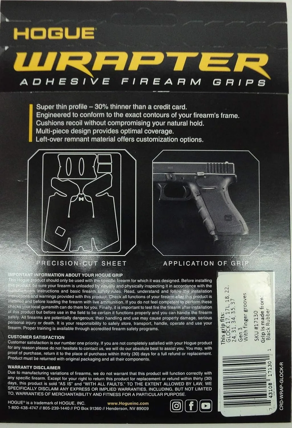 Hogue Wrapter Adhesive Grip Black Glock 17/18/19/22/31/34/35/37 Gen 3