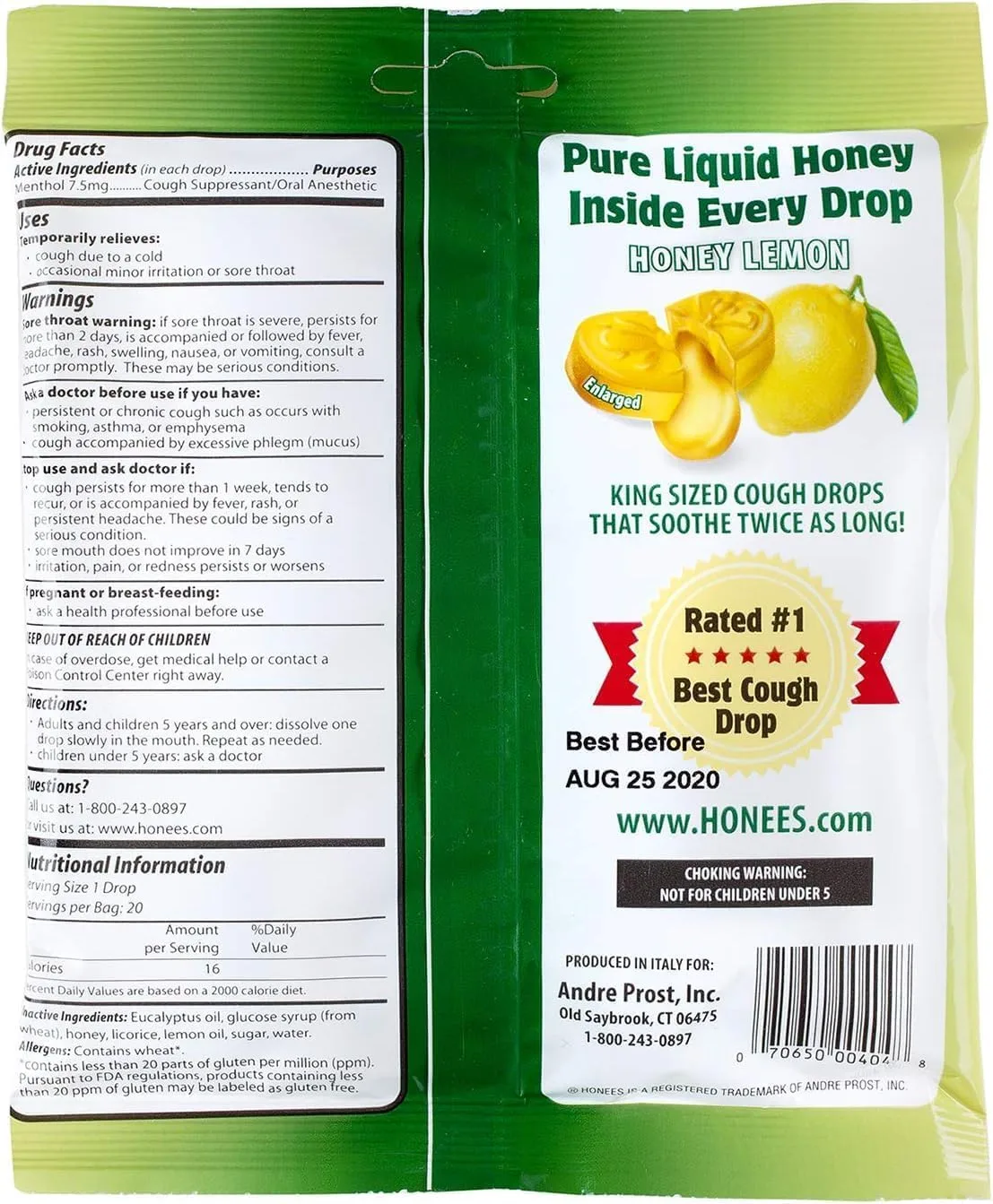 Honees Filled Honey Lemon Cough Drops- Filled with Honey, Menthol, Lemon and Eucalyptus