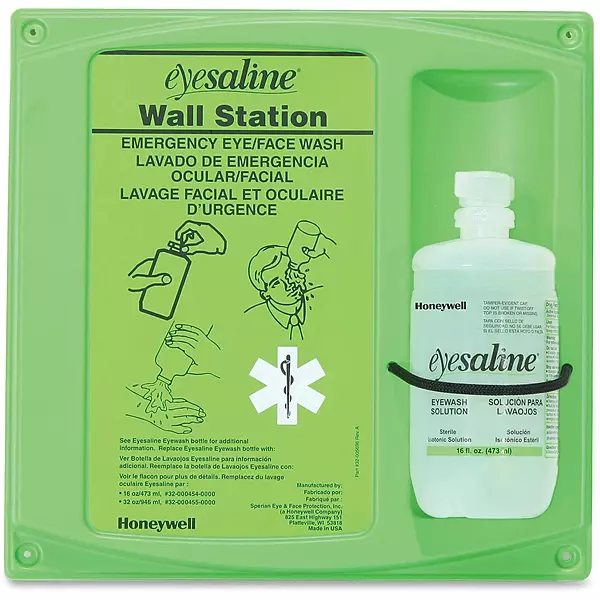 Honeywell 16 oz. (473 ml) Single Bottle Trilingual Sterile Saline Eye Wash Wall Station (Includes Full Bottle and Eye Wash