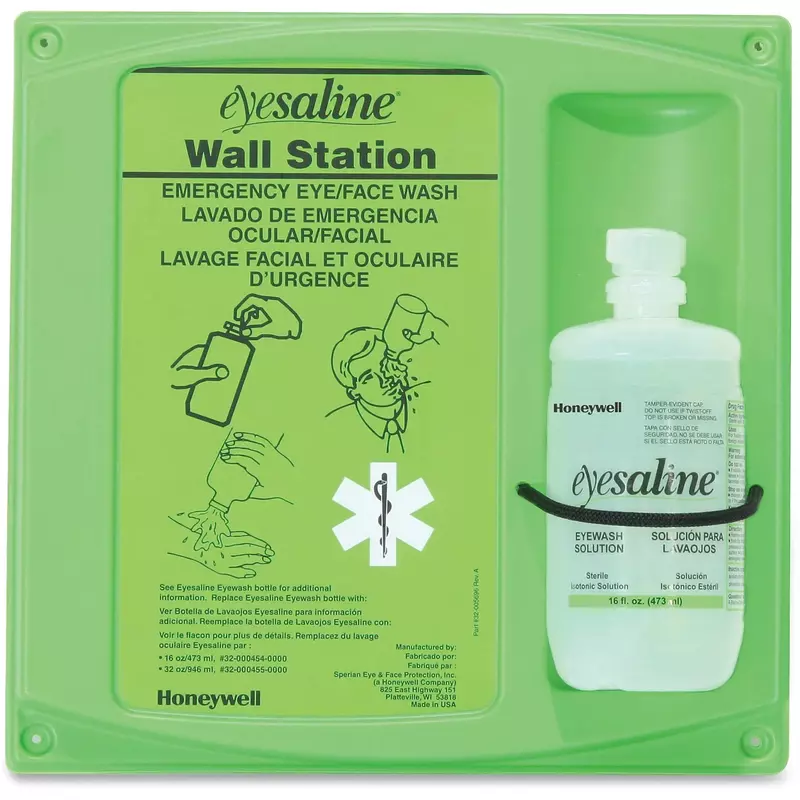 Honeywell 16 oz. (473 ml) Single Bottle Trilingual Sterile Saline Eye Wash Wall Station (Includes Full Bottle and Eye Wash