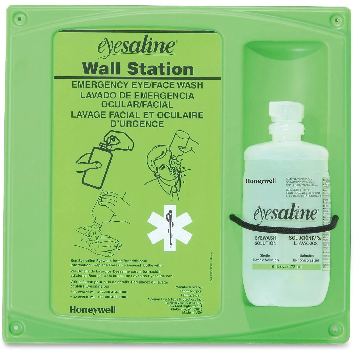Honeywell 16 oz. (473 ml) Single Bottle Trilingual Sterile Saline Eye Wash Wall Station (Includes Full Bottle and Eye Wash