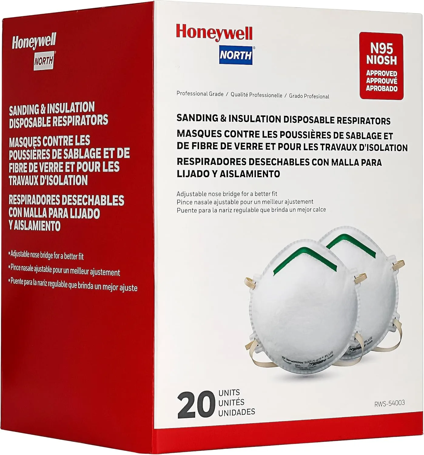 Honeywell NIOSH-Approved N95 Respirator Mask for Airborne Particulates, 20-Pack (RWS-54003)