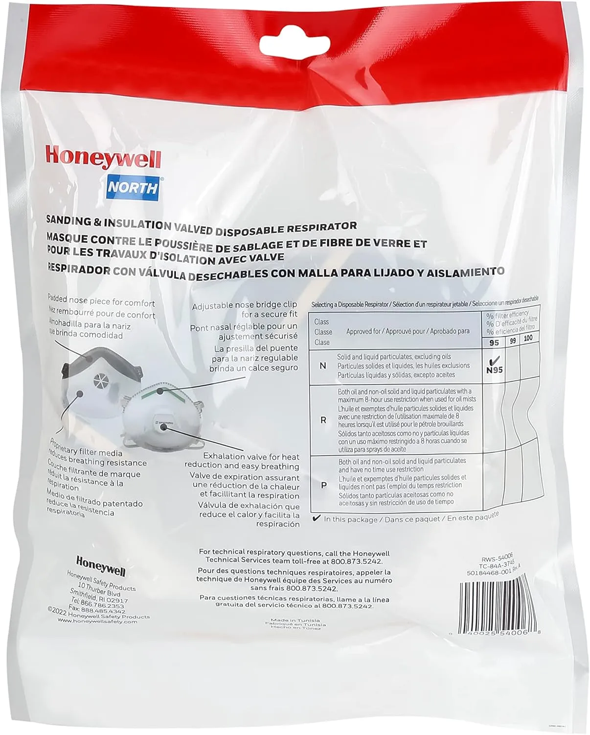 Honeywell NIOSH-Approved N95 Respirator Mask with Exhalation Valve for Airborne Particulates (RWS-54006)