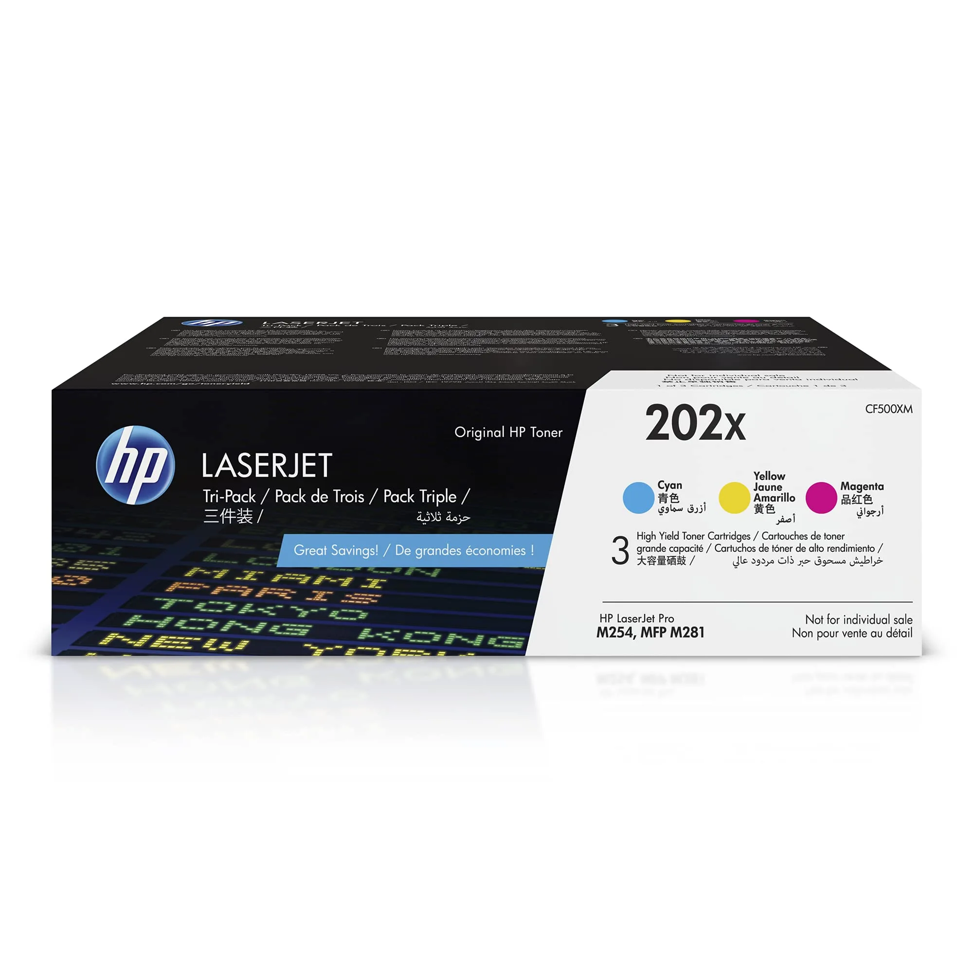 HP 202X Cyan Magenta Yellow High-Yield Toner Cartridges 3-Pack (CF500XM)