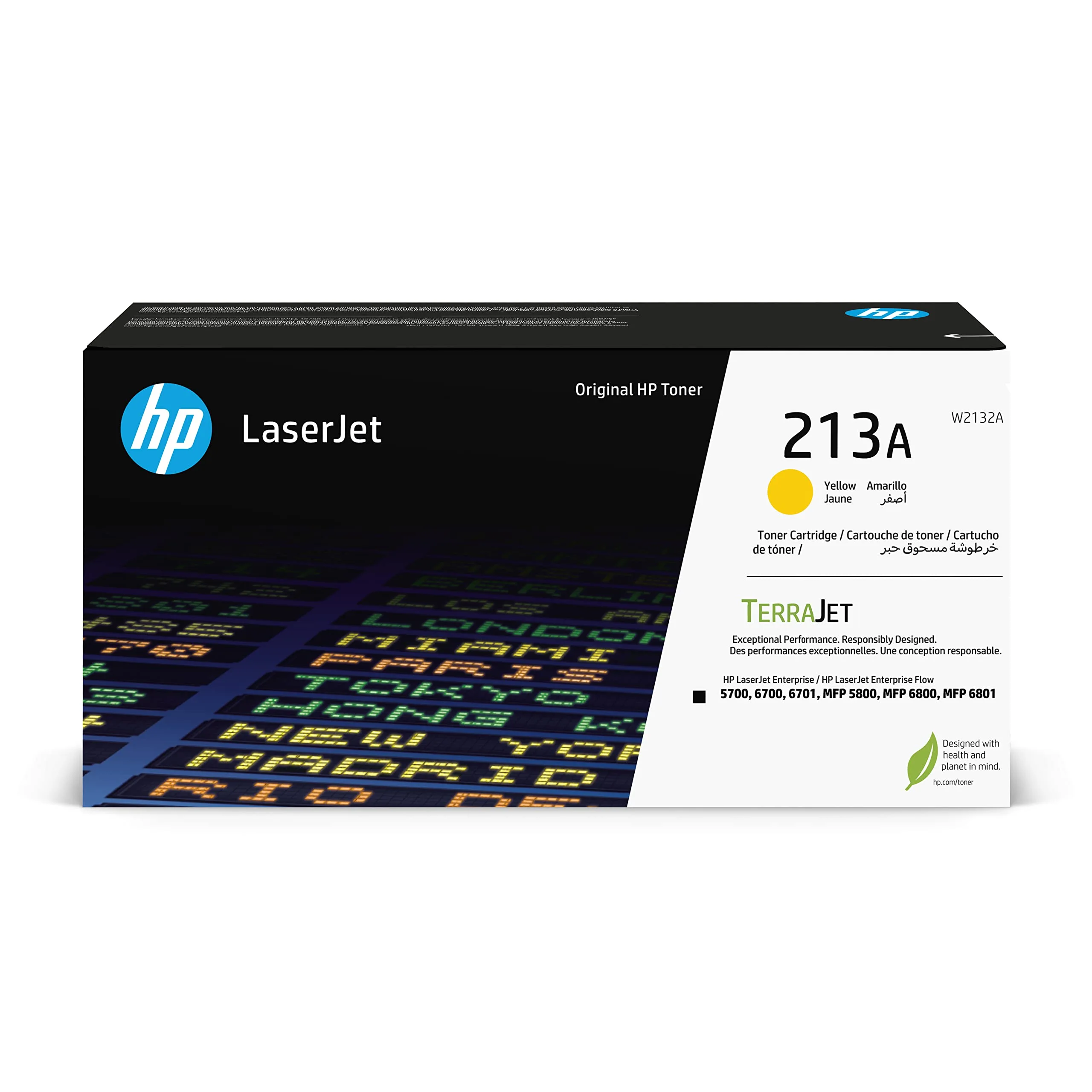 HP 213A Yellow Original LaserJet Toner Cartridge, W2132A. Works with HP LaserJet Enterprise 5700, 5800, 6700, 6701, 6800, 6801