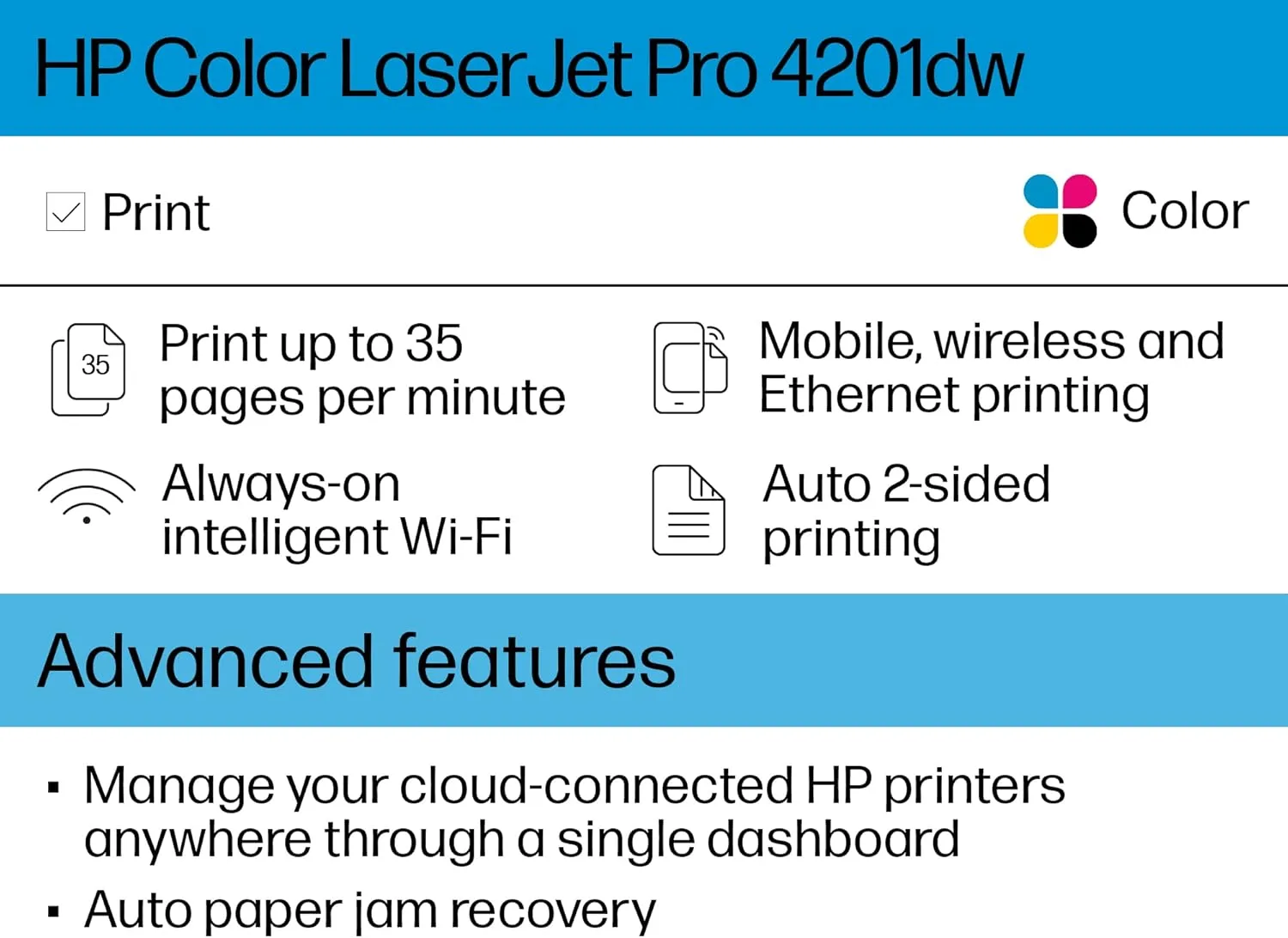 HP Color LaserJet Pro 4201dw Wireless Color Laser Printer, Best-for-Office (4RA86F) New version