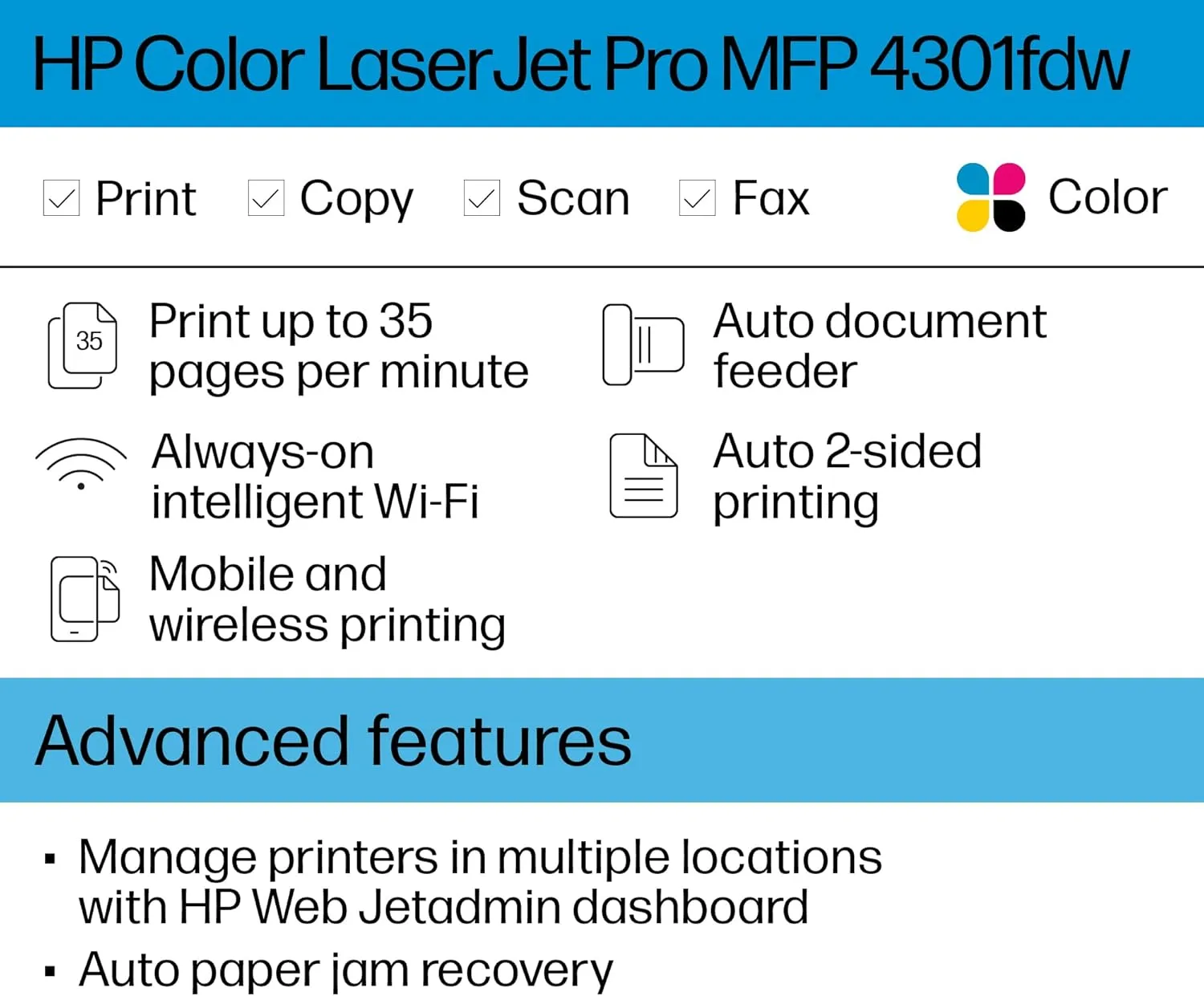 HP Color LaserJet Pro MFP 4301fdw Wireless All-in-One Color Laser Printer, Scanner, Copier, Fax, Best-for-Office New version