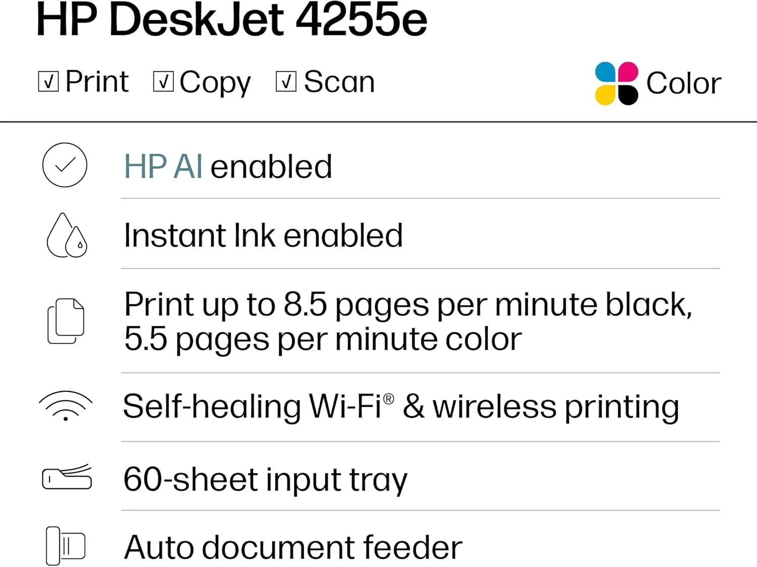 HP DeskJet 4255e Wireless All-in-One Color Inkjet Printer, Scanner, Copier, Best-for-Home (588S6A)