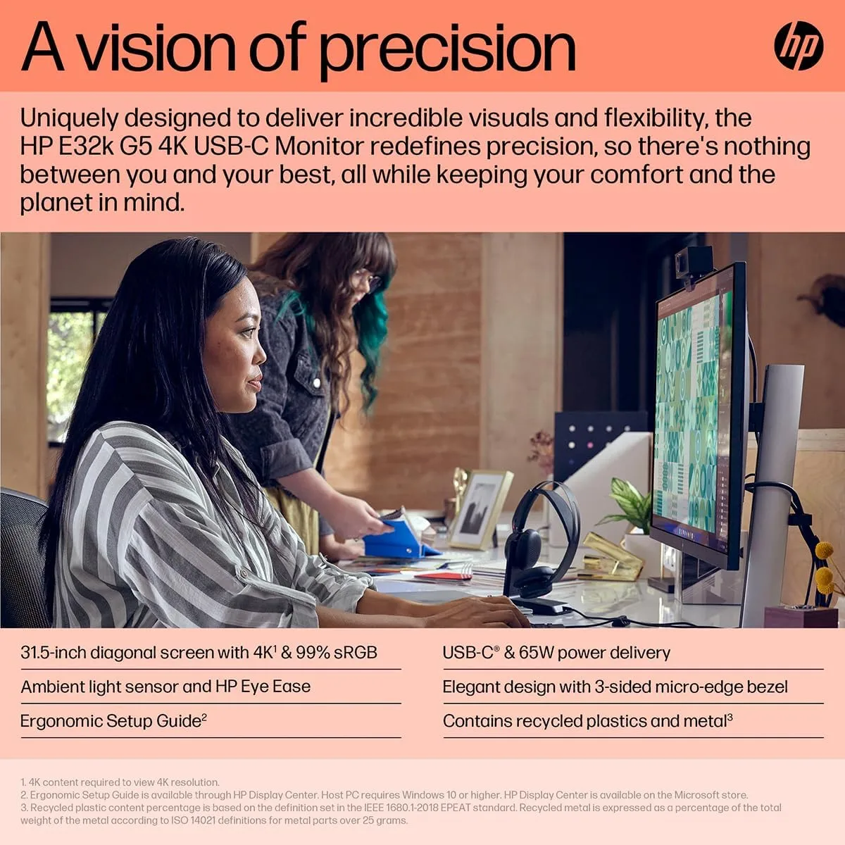 HP E32k G5 31.5in 4K USB-C UHD Monitor - Black/Silver