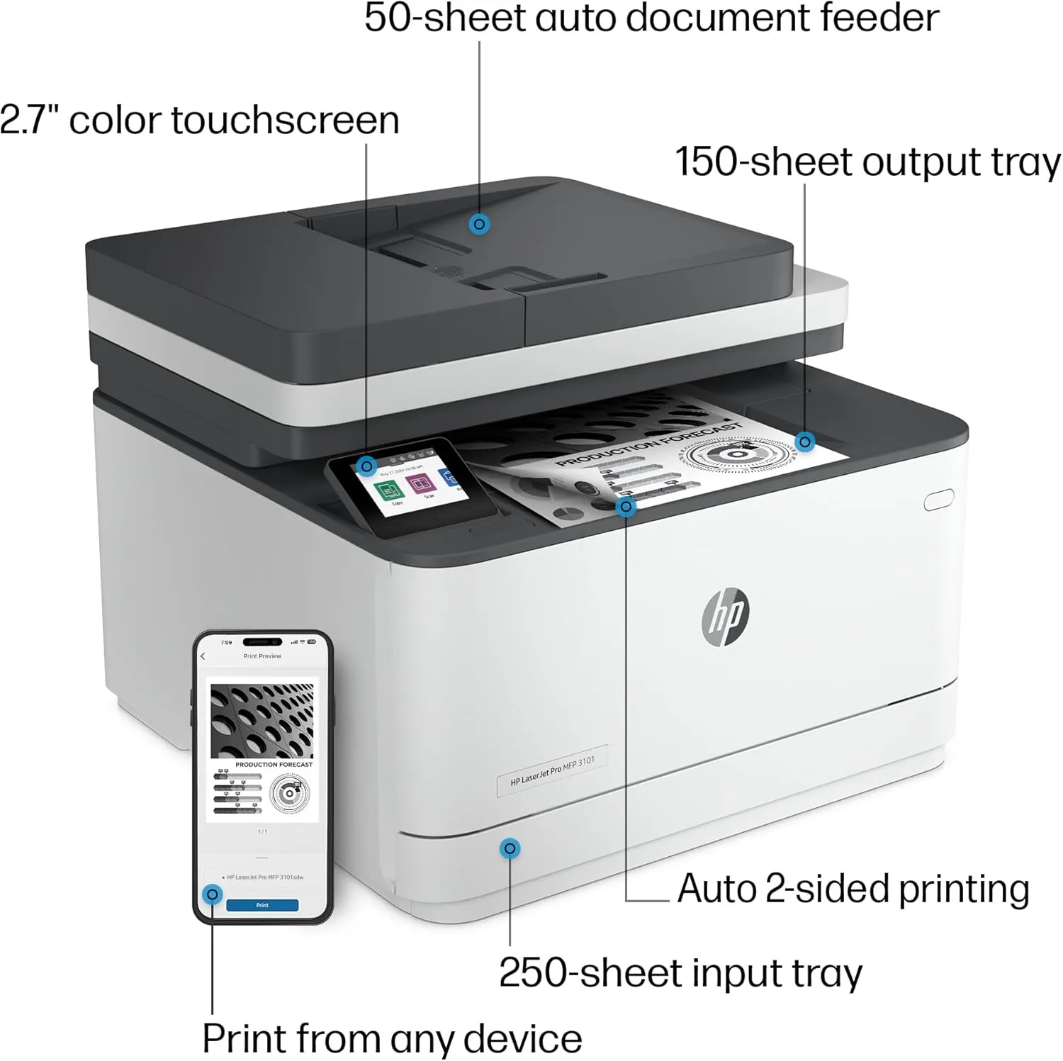 HP Laserjet Pro MFP 3101sdw Wireless All-in-One Laser Printer, Office Printer, Duplex, Best for Small Teams (9D2X4F)