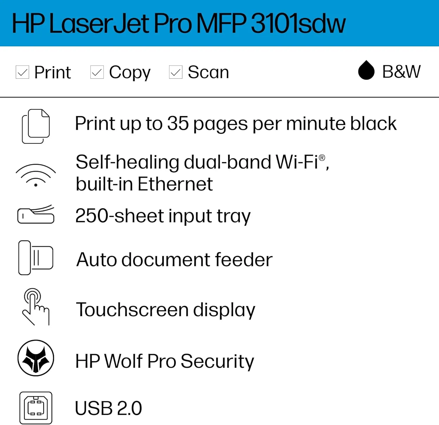 HP Laserjet Pro MFP 3101sdw Wireless All-in-One Laser Printer, Office Printer, Duplex, Best for Small Teams (9D2X4F)
