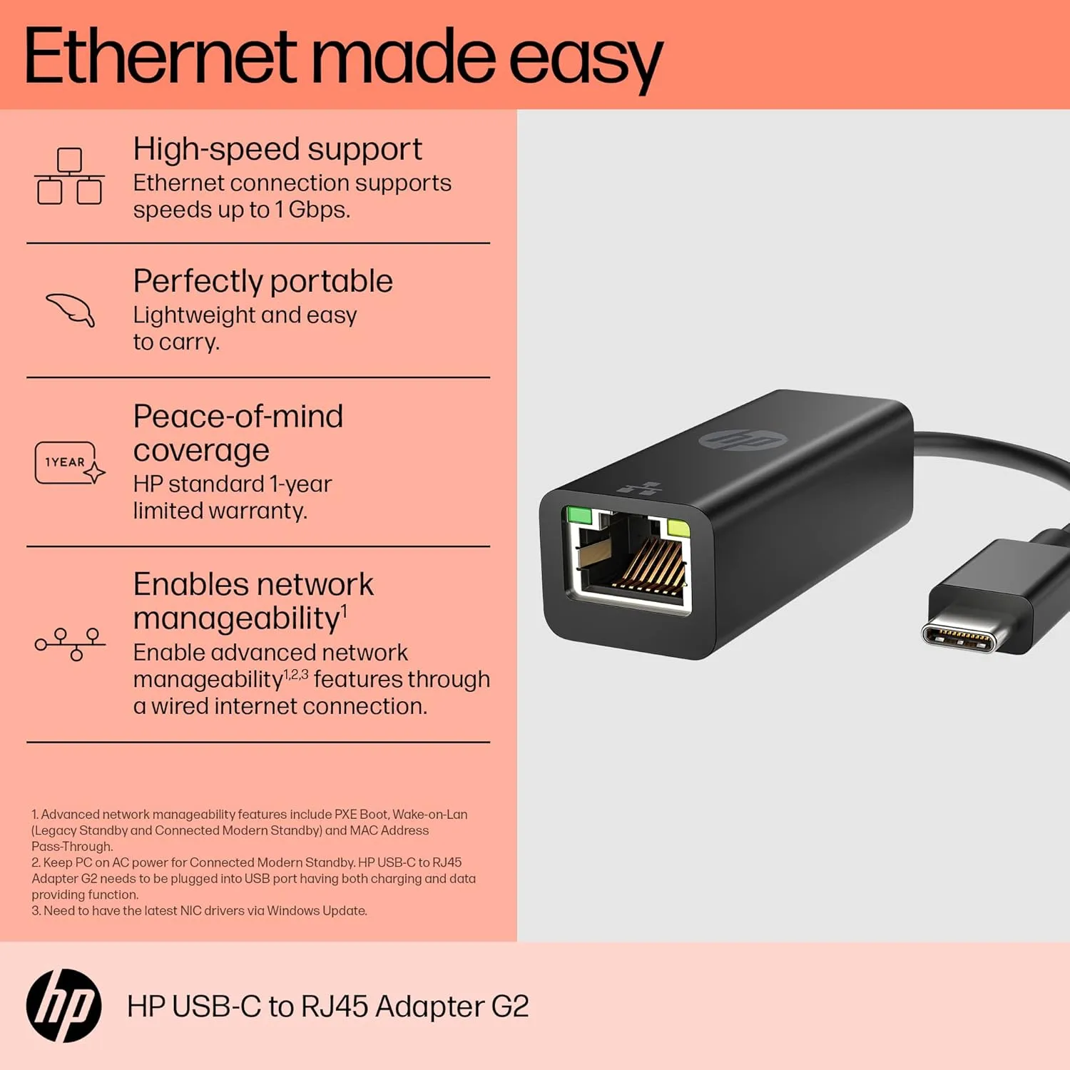 HP USB-C to RJ45 Adapter G2 (4Z527AA) - USB Type C - 1 Gbit/s Data Transfer Rate - 1 Port(s) - 1 - Twisted Pair