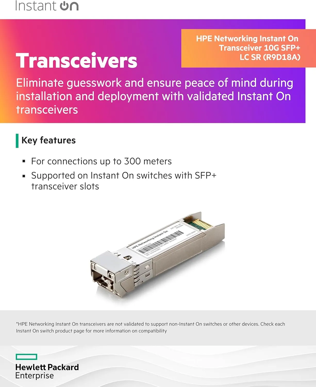 HPE Networking Instant On 10G SFP+ LC SR Transceiver for Connections Up to 300 Meters (R9D18A)