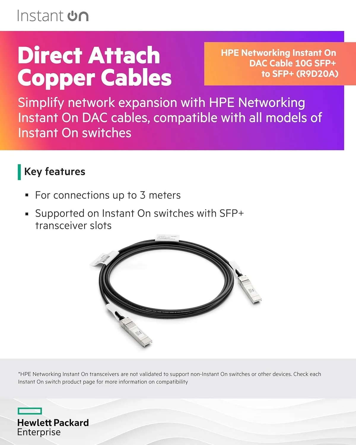 HPE Networking Instant On 10G SFP+ to SFP+ Direct Attach Copper (DAC) Cable for Connections Up to 3 Meters (R9D20A)