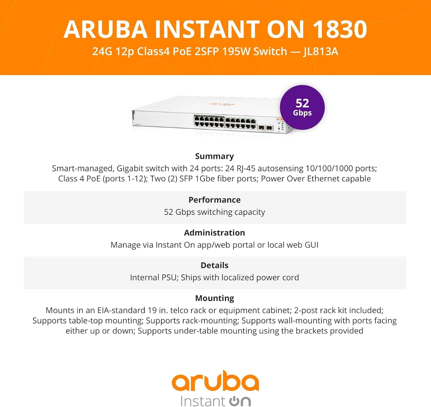 HPE Networking Instant On Switch Series 1830 Smart-Managed Layer 2 Gigabit Ethernet Switch