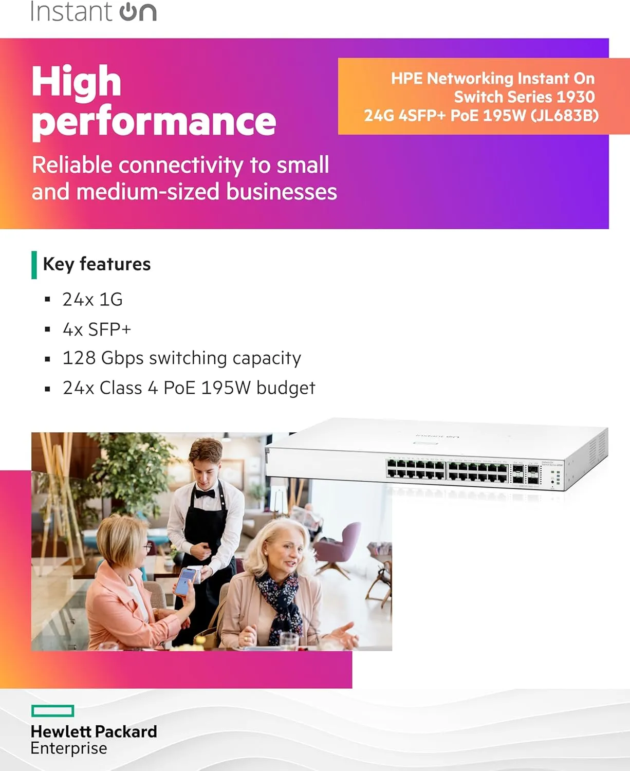 HPE Networking Instant On Switch Series 1930 24-Port Gb Smart-Managed Layer 2+ Ethernet Switch with PoE | 24x 1G | 4X SFP+ | 24x CL4 PoE 195W | US Cord (JL683B#ABA)