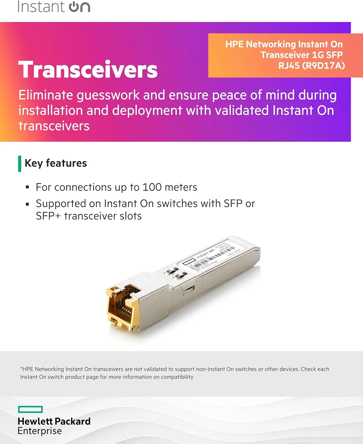 HPE Networking Instant On 1G SFP RJ45 Transceiver for Copper Ethernet Category 5e Connections Up to 100 Meters (R9D17A)