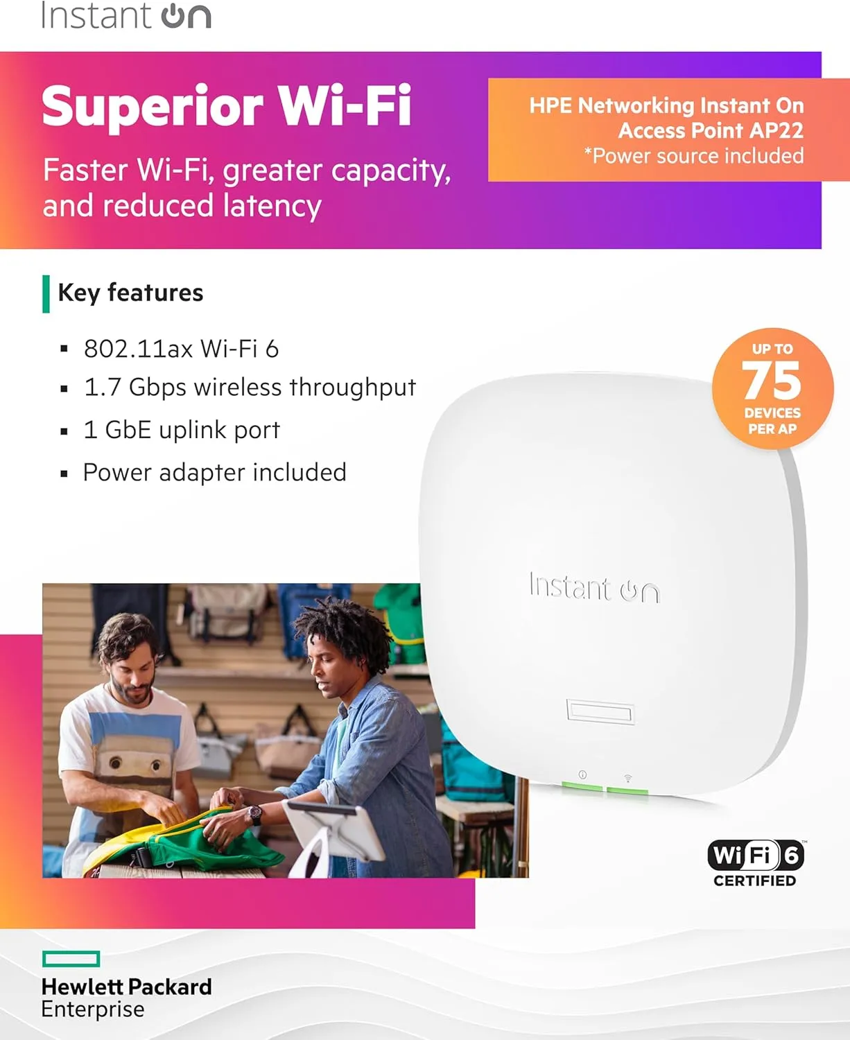 HPE Networking Instant On AP22 2x2 WiFi 6 Indoor Access Point (R6M49A)