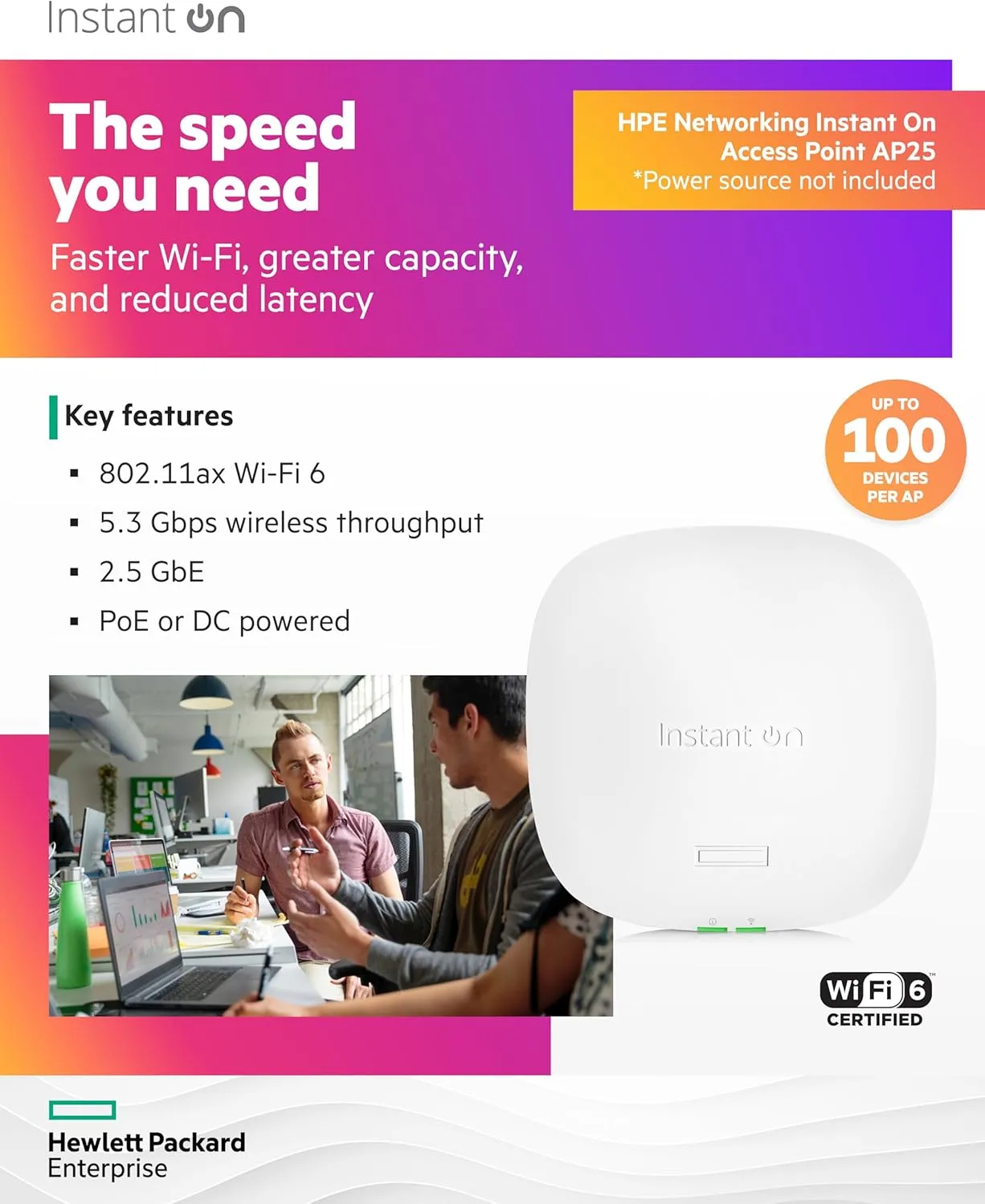 HPE Networking Instant On Access Point AP25 4x4 WiFi 6 Indoor Wireless Access Point
