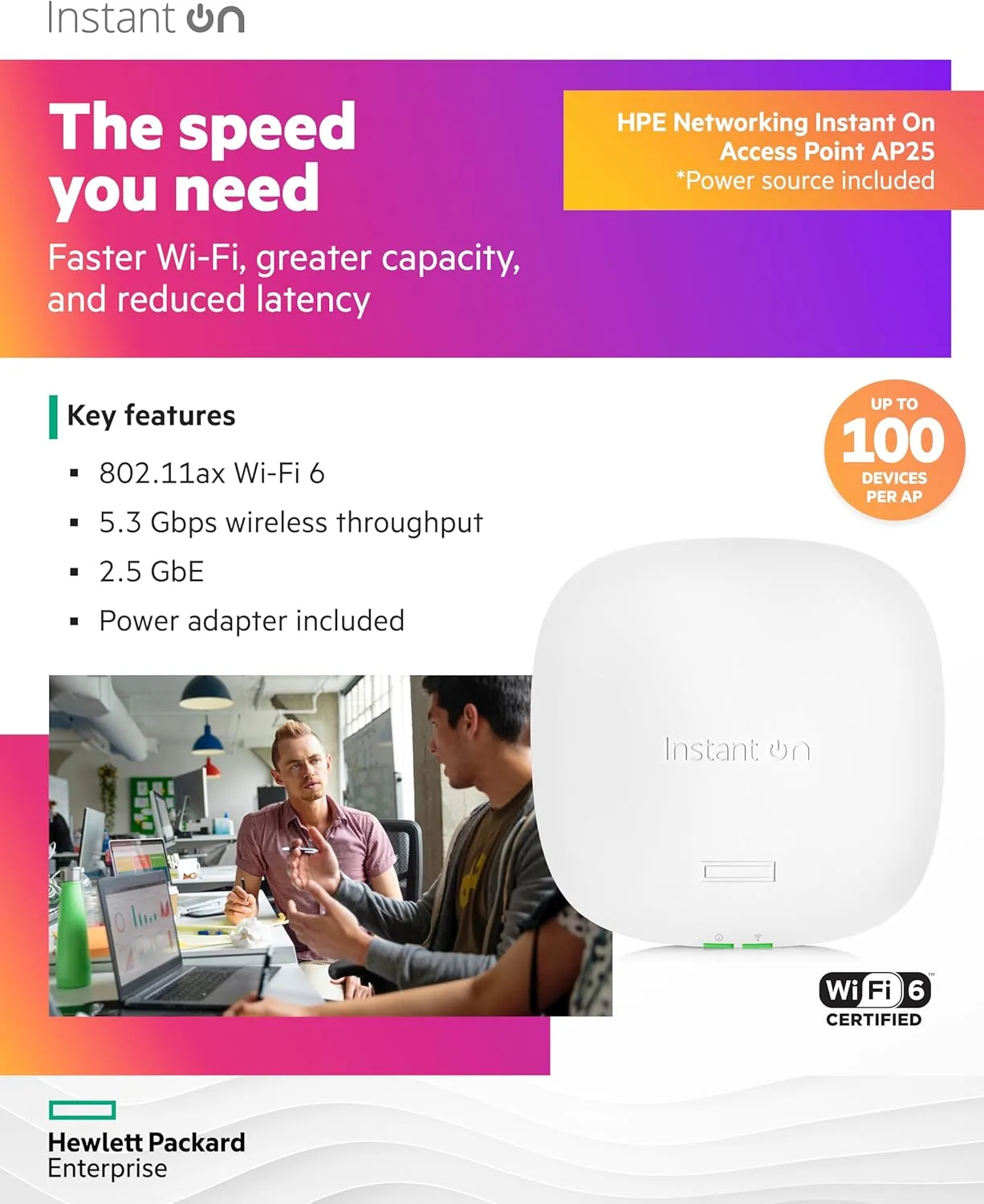 HPE Networking Instant On Access Point AP25 4x4 WiFi 6 Indoor Wireless Access Point