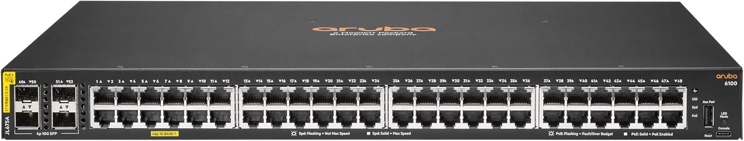 Aruba a Hewlett Packard Enterprise company 6100 48G Class4 PoE 4SFP+ 370W Switch - JL675A#ABA US Localization/Cord