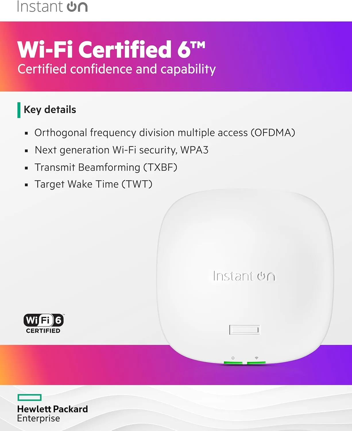 HPE Networking Instant On Access Point AP21 2x2 WiFi 6 Indoor Wireless Access Point | Single-Room, Secure, Smart Mesh Support | Power Source Not Included | US Model (S1T08A) Power Adapter Not Included