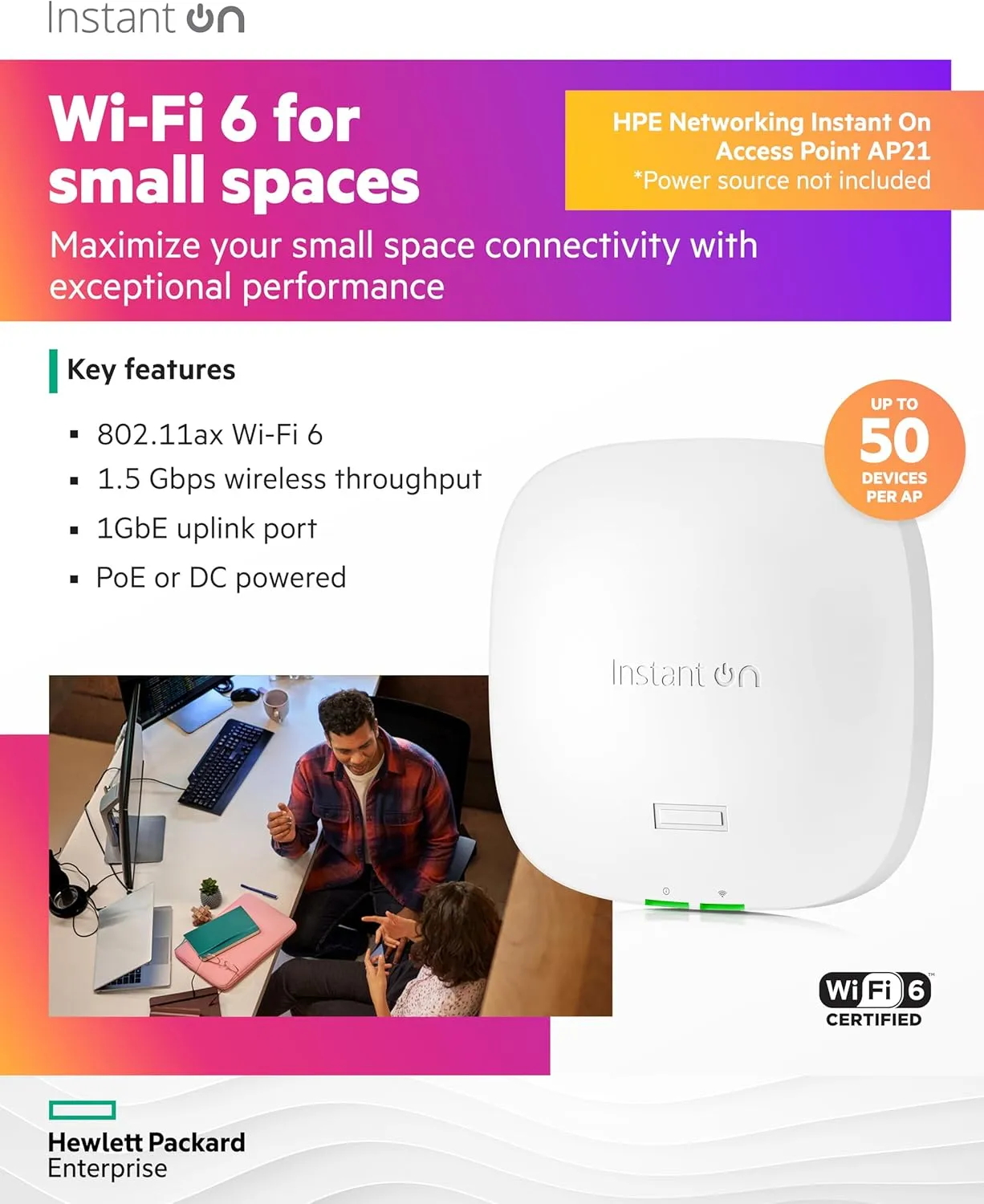HPE Networking Instant On Access Point AP21 2x2 WiFi 6 Indoor Wireless Access Point | Single-Room, Secure, Smart Mesh Support | Power Source Not Included | US Model (S1T08A) Power Adapter Not Included